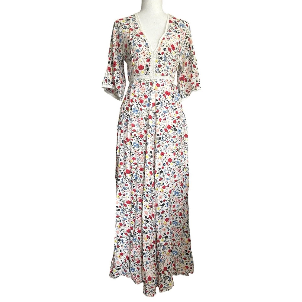 Kos Resort V-Neck Floral Maxi Dress Cottagecore Prairiecore Romantic Sz SMALL - Picture 7 of 16